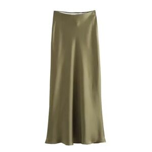 Elegant Olive Green Satin Skirt